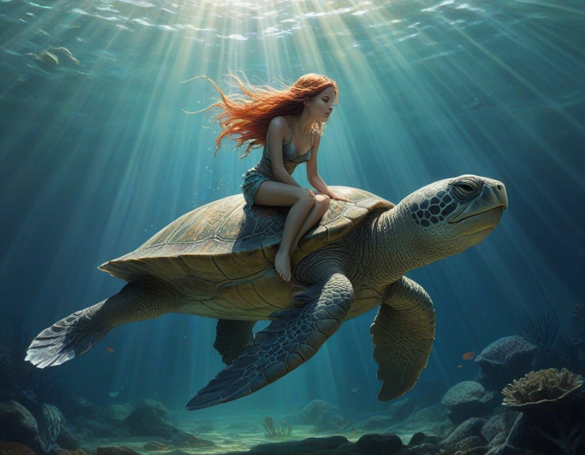 Mermaid Riding Turtle Under Ocean Sunlight