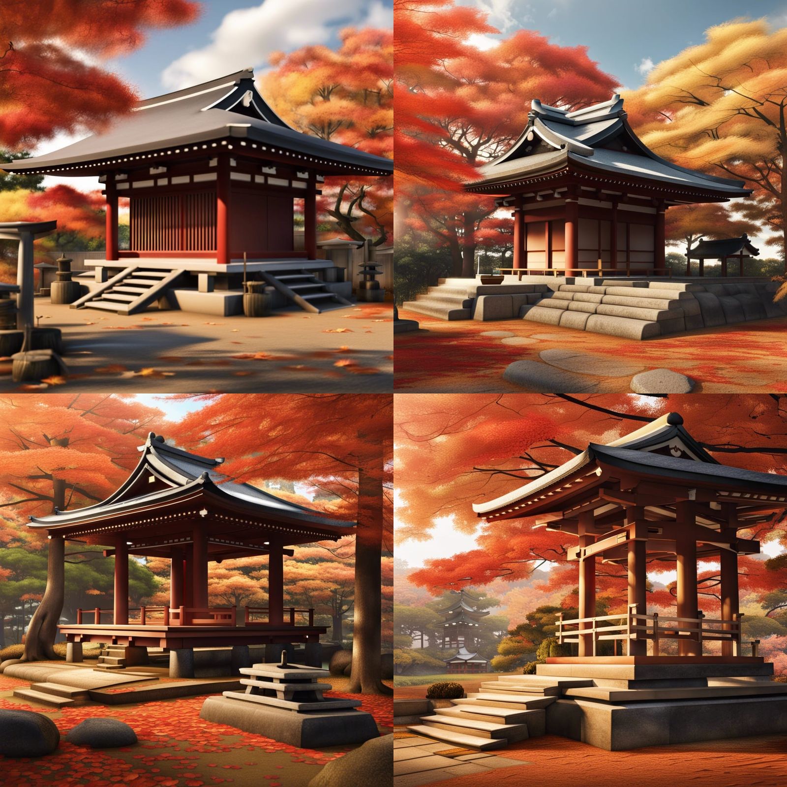 Autumn Shinto Shrine with Kannushi Sweeping