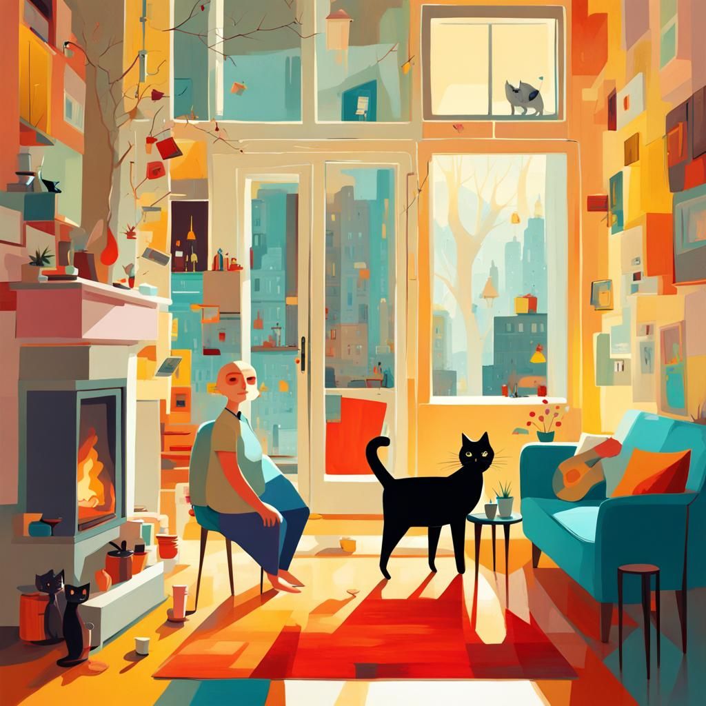 Abstract Home with People and Cats