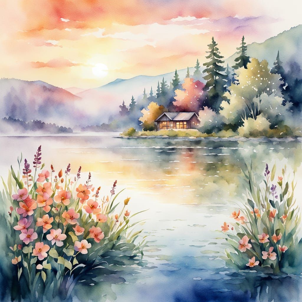 Peaceful Sunrise Lake with Vibrant Flowers in Watercolor