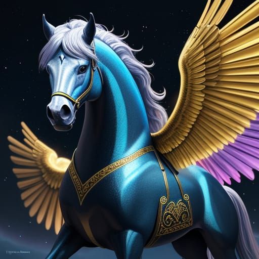 Majestic Winged Horse Warrior in Vibrant Oil Painting