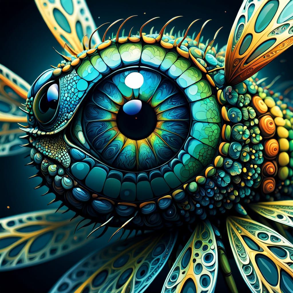 Surreal Dragonfly Eye in Vibrant Abstract Composition