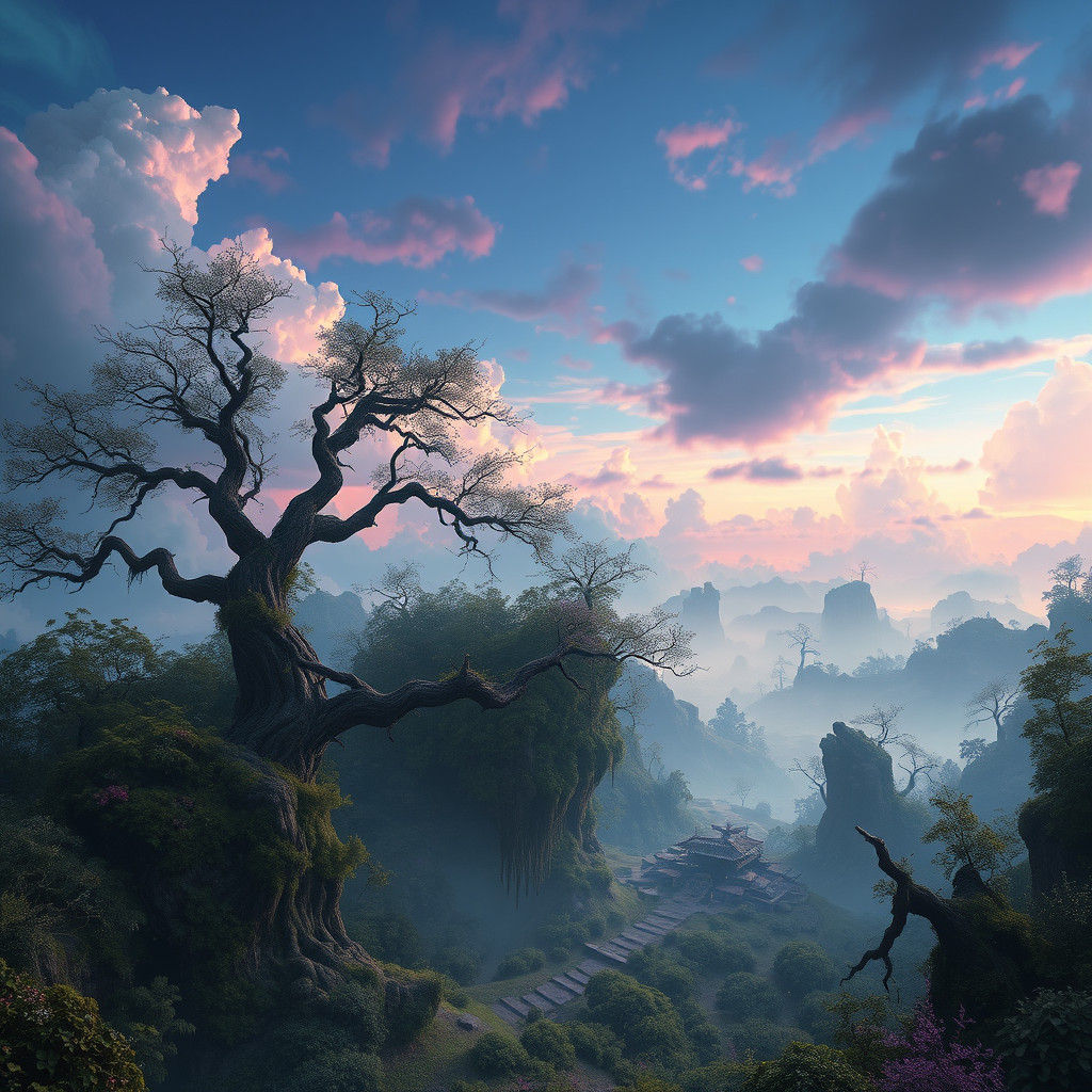 Mystical Realm Dreamscape with Sapphire and Amethyst Sky