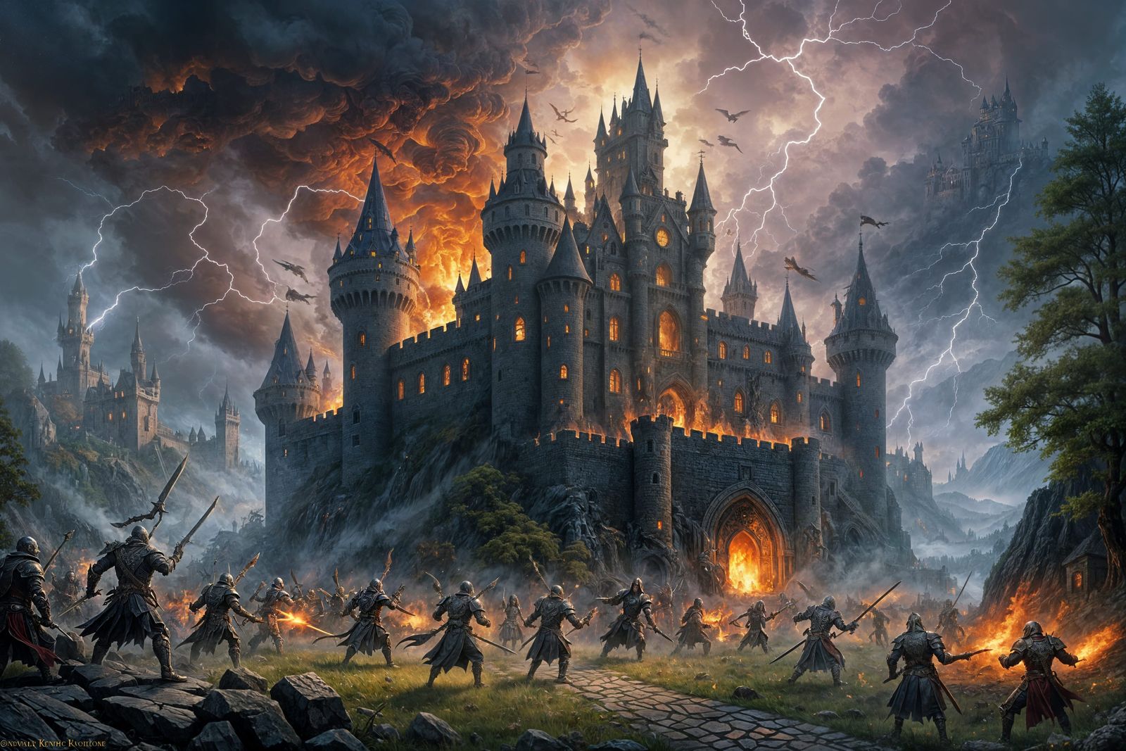 Skeleton Warriors Attack Castle in Ethereal Fantasy Style