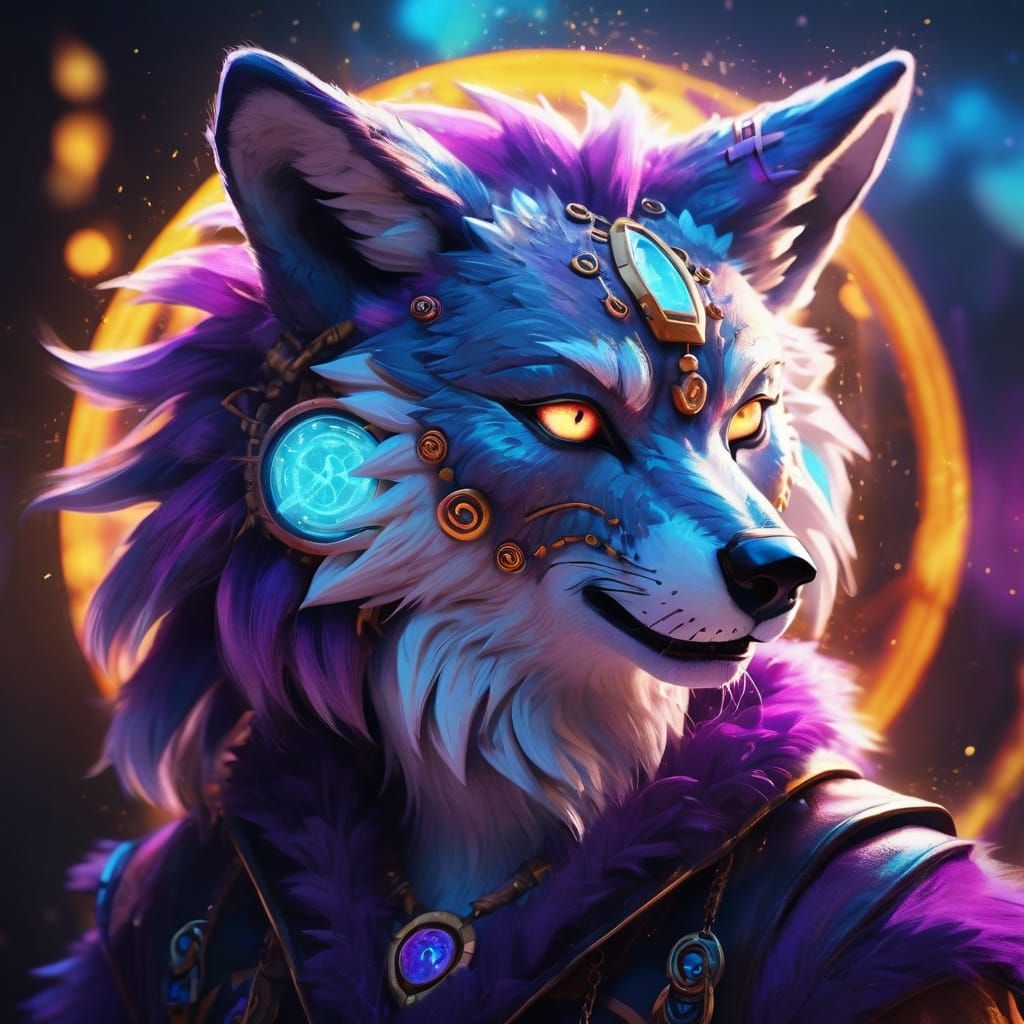 Vibrant Fursuit Wolf with Runes in Digital Painting