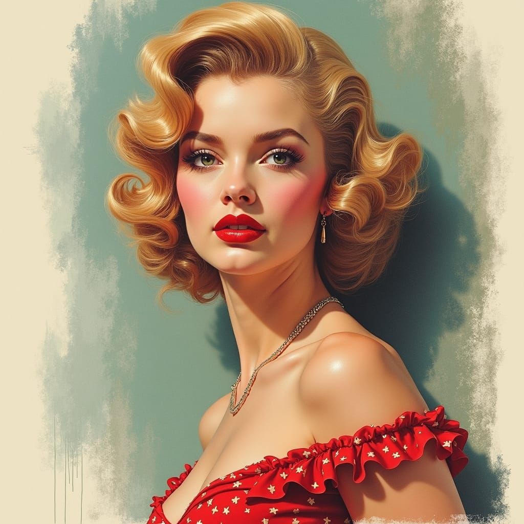 1940s Pinup Girl in Color Pencil Drawing