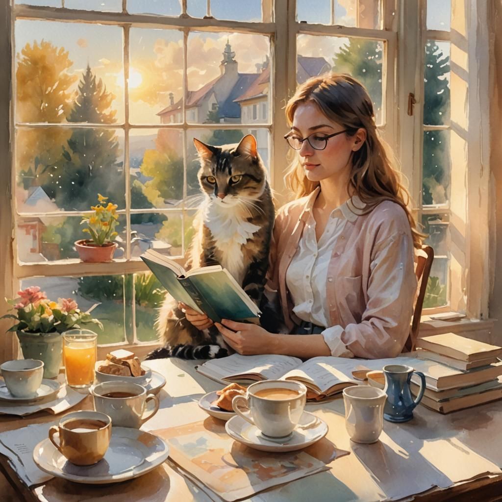 Girl at Breakfast Table in Impressionist Watercolor Style