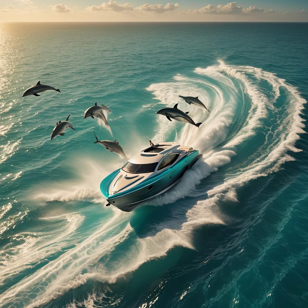 Speedboat Chase with Leaping Dolphins in Turquoise Ocean