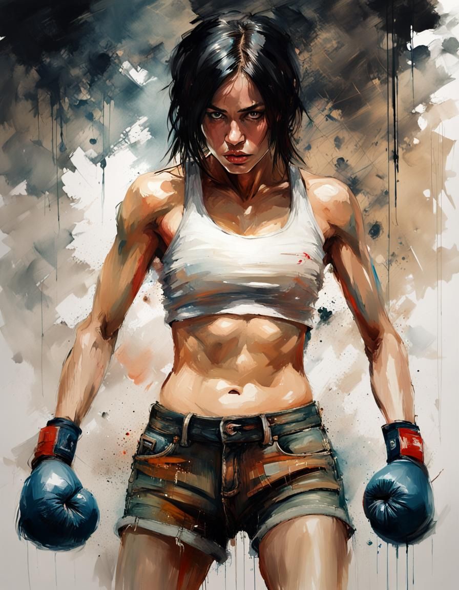 Muscular Woman Boxing in Gym: Digital Impasto Painting