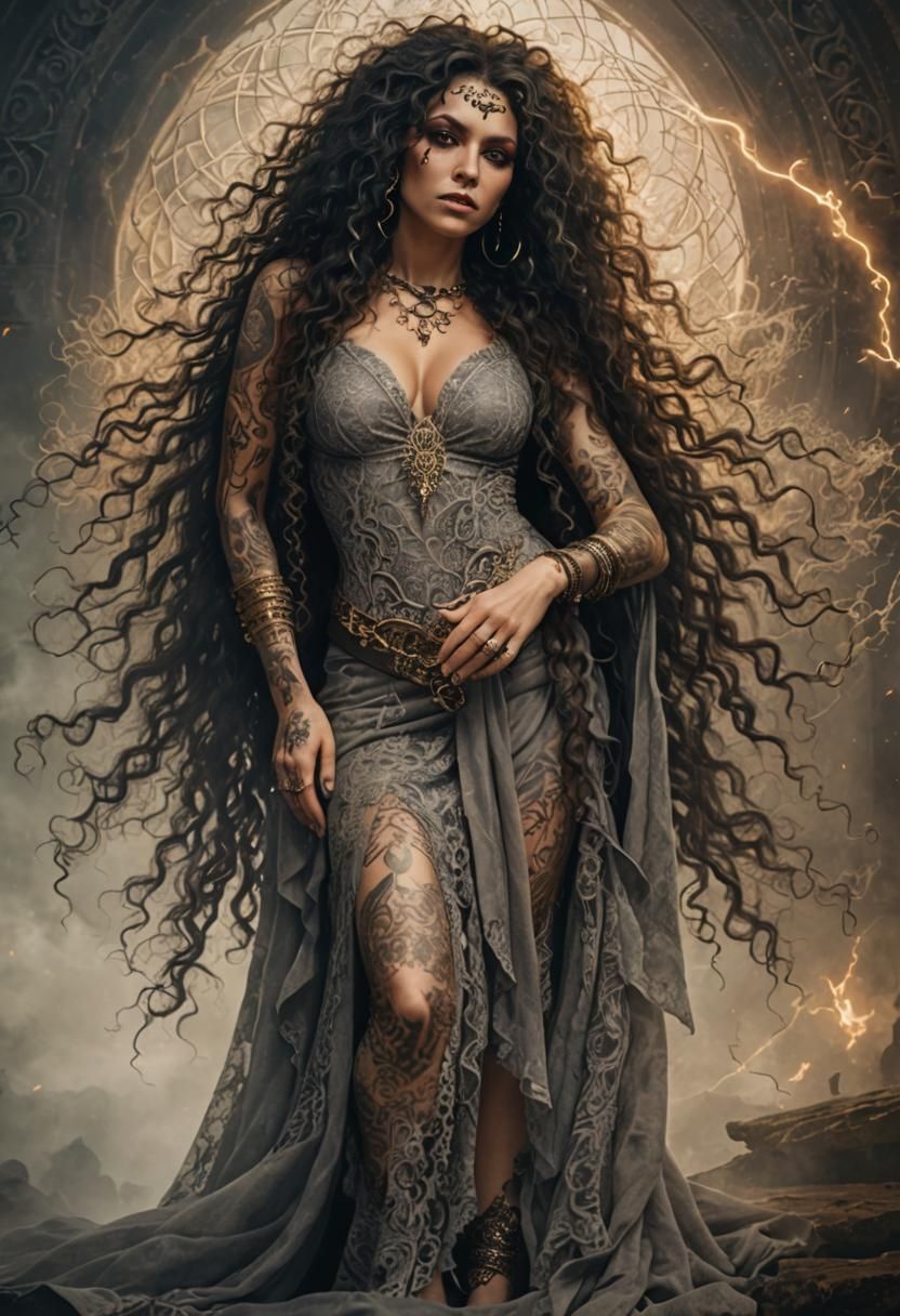Cinematic Witch Portrait with Golden Lace Dress