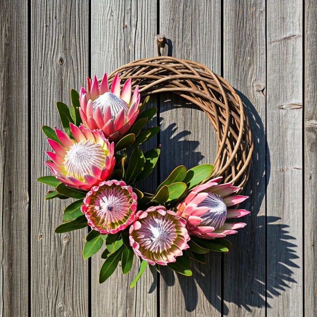 Colorful Protea Wreath Adorns Rustic Barn Door