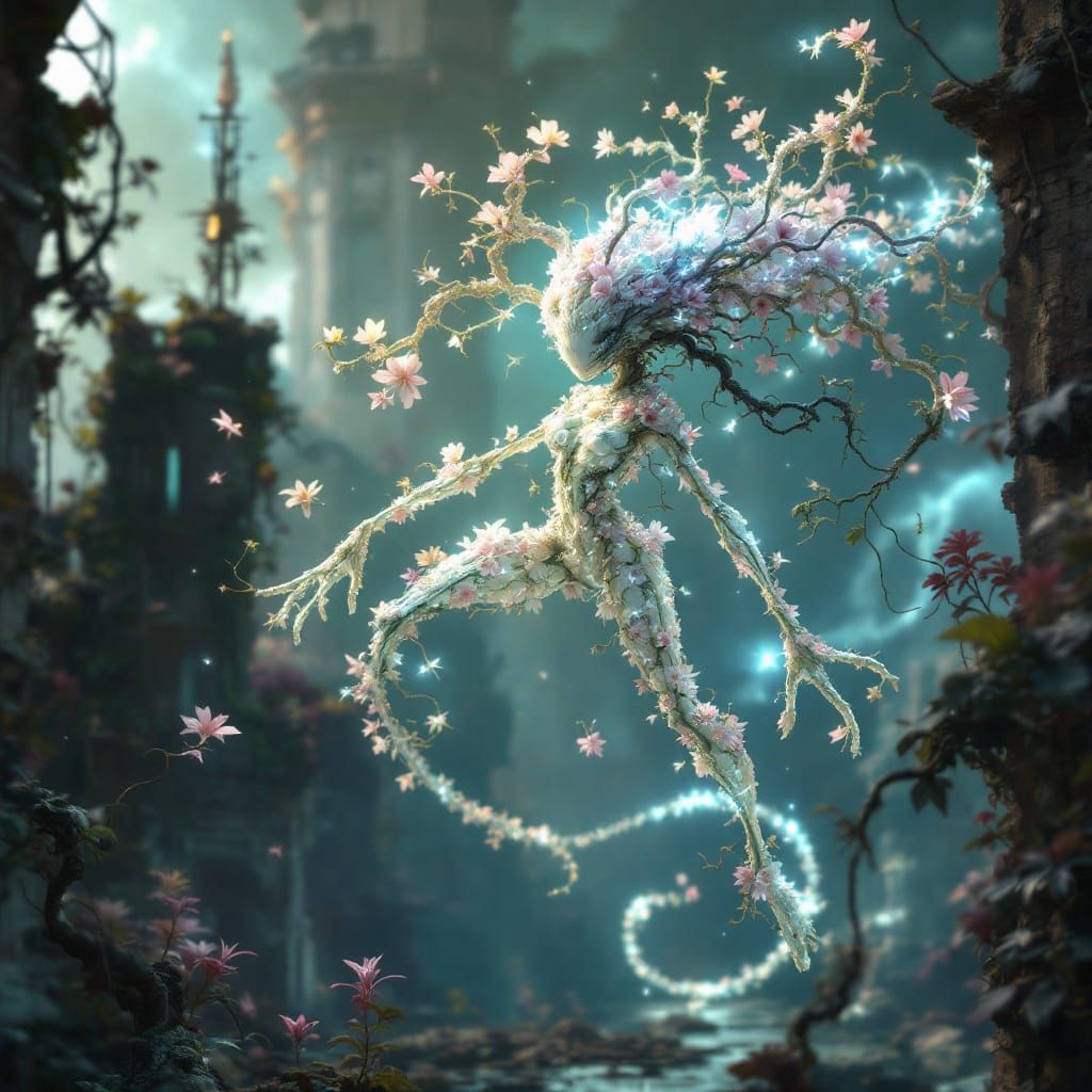 Ethereal Floral Creature in Post-Apocalyptic Landscape