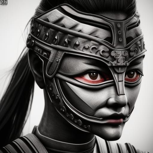 Female Shinobi with Demon Mask: Hyperrealistic Portrait