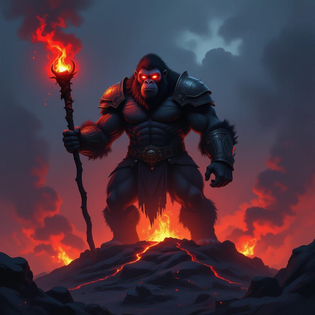 Armored Ape Wielding Fiery Staff on Volcano