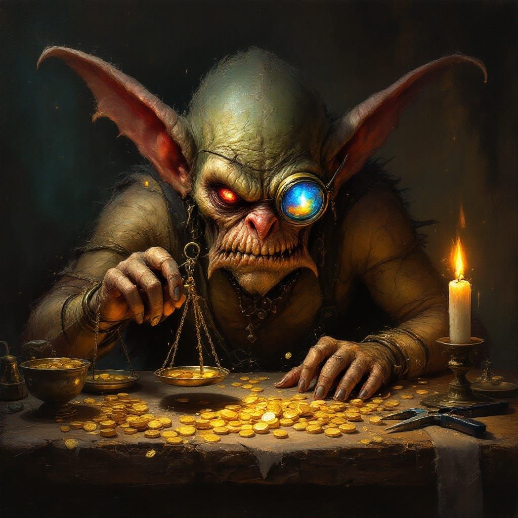 Twisted Goblin Amidst Golden Hoard in Dark Fantasy Lair