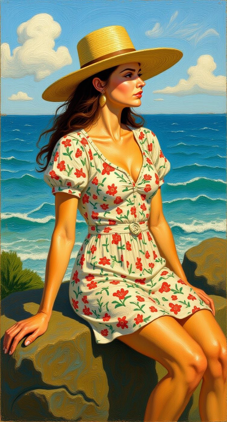 Impasto Oil Painting of Woman in Summer Dress by Seascape