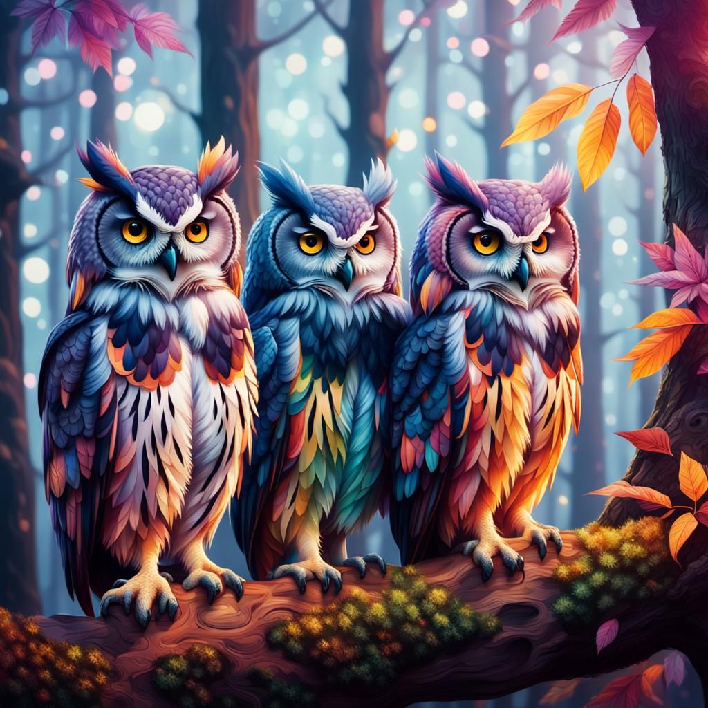 Hyper-Realistic Forest Owls in Vibrant Colors