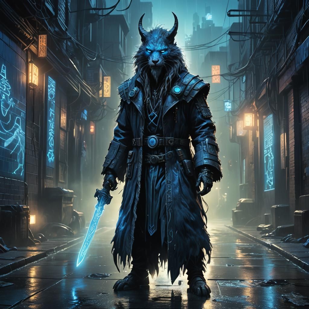 Cyberpunk Beast Fur Wizard in Misty Alleyway