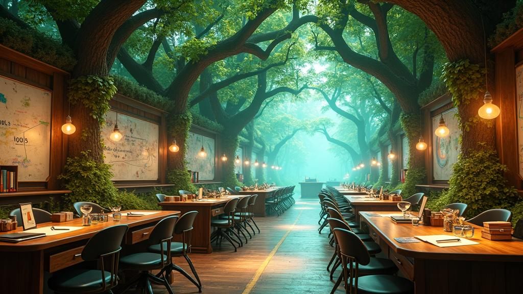 Dreamlike Treehouse Classroom with Glowing Forest