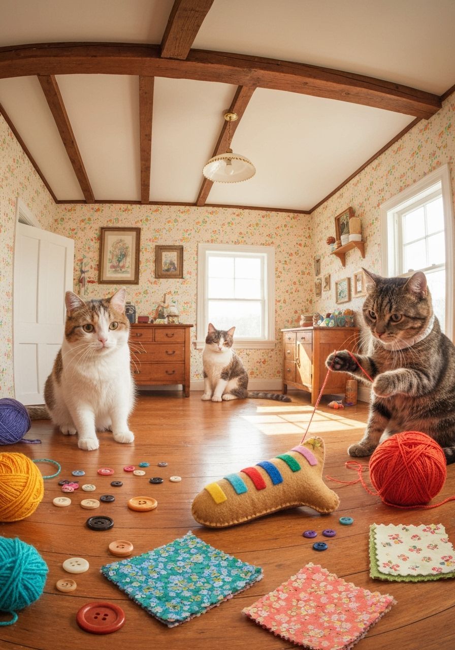 A cute illustration of cats Using sheets of felt to cut, lay...