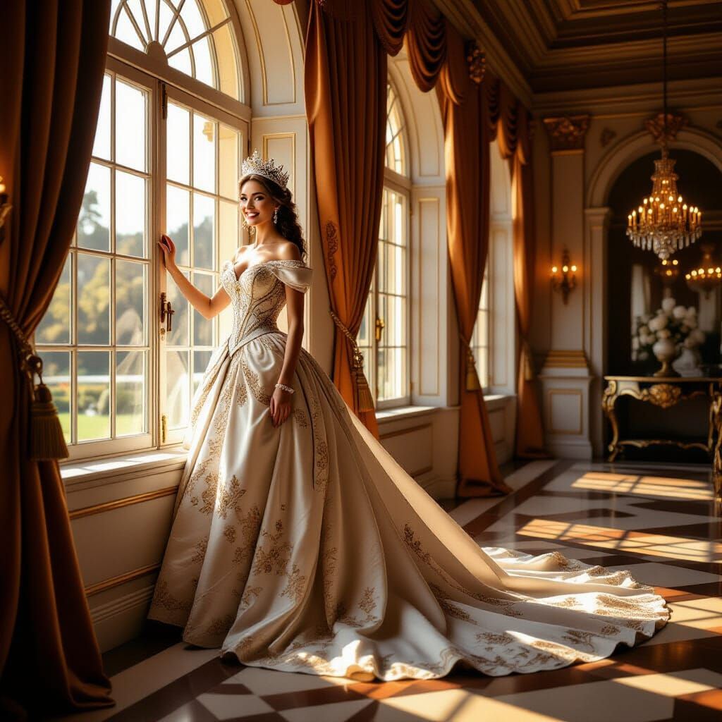 Joyful Queen in Palace Window, Sunlight Glow