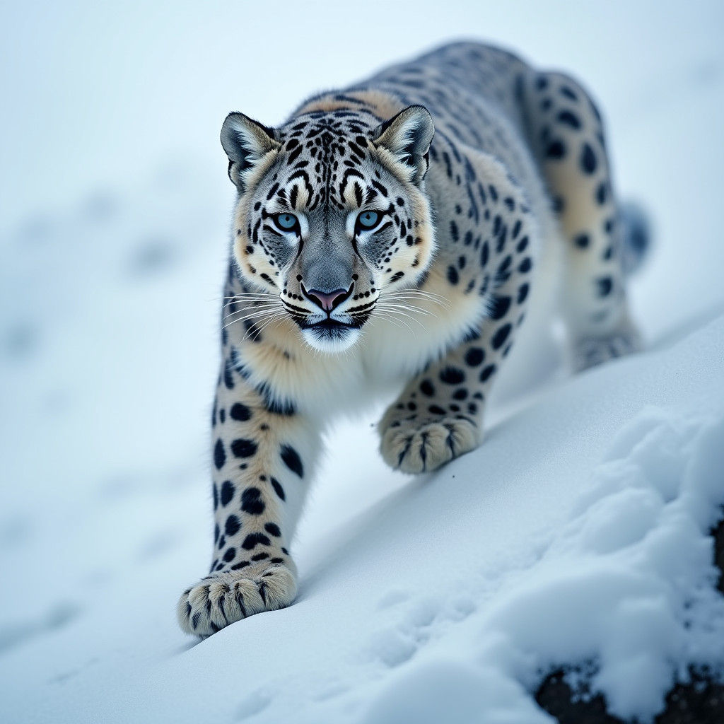 Majestic Snow Leopard Descends Mountain in Sharp Focus