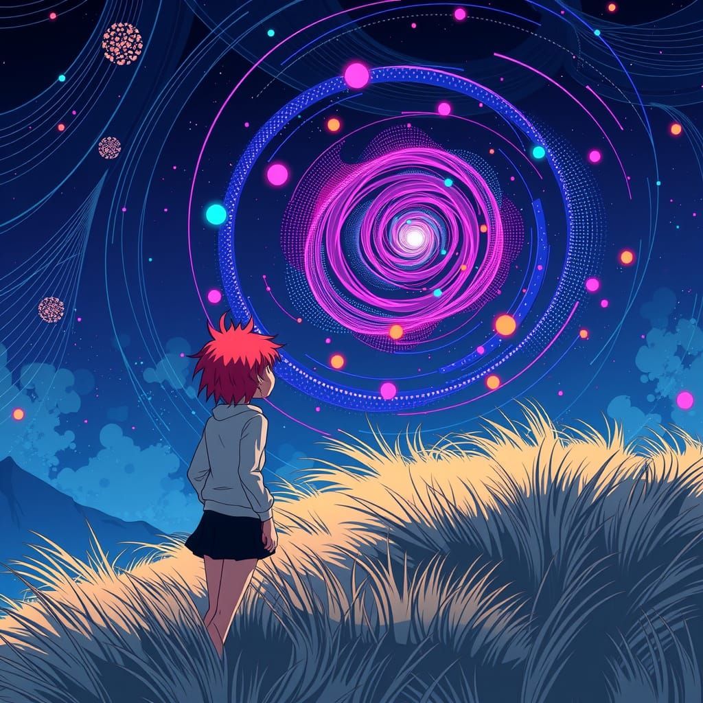 Anime Woman Gazing at Polka Dot Vortex