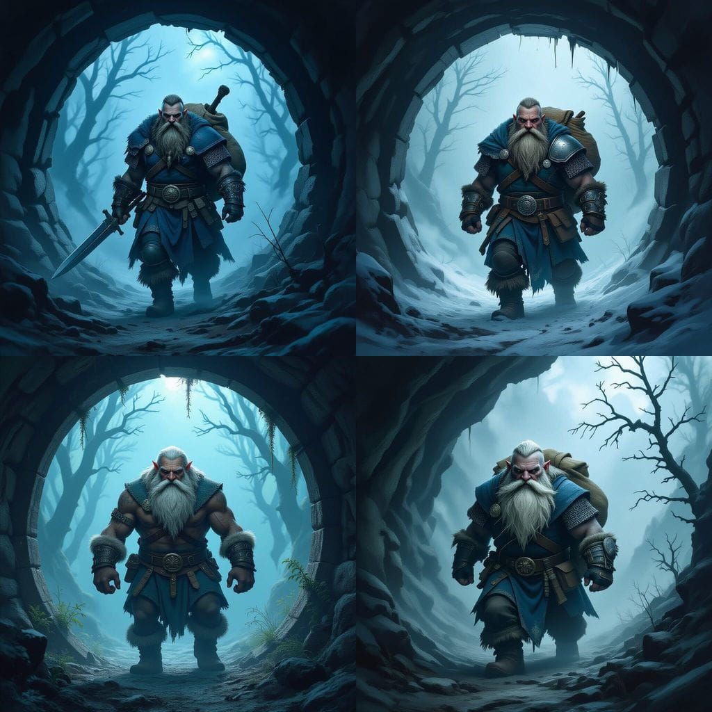 Fantasy Dwarf Emerges from Dark Tunnel into Daylight