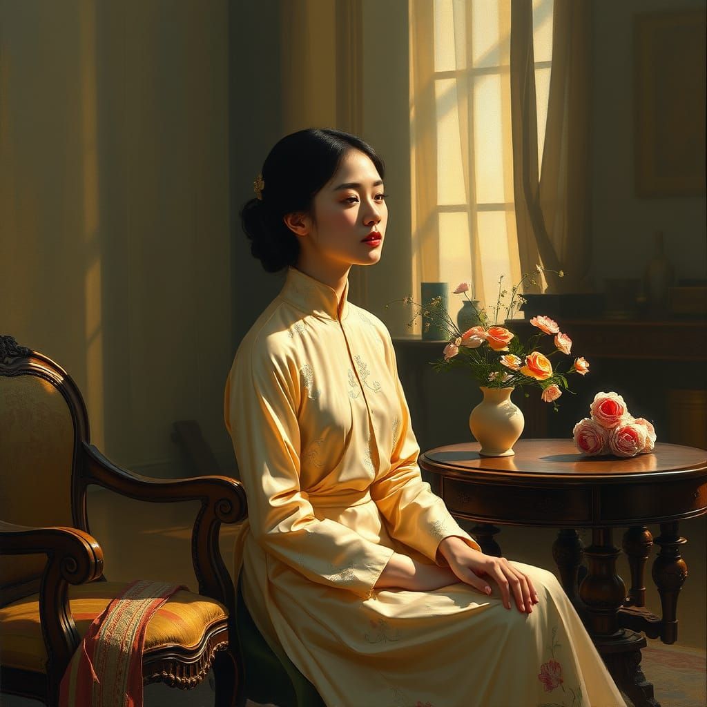 Ethereal Young Woman in Traditional Ao Dai, Dimly Lit Chambe...