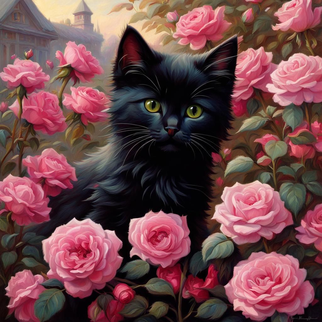 Kitten Amongst Roses in Waterhouse Style