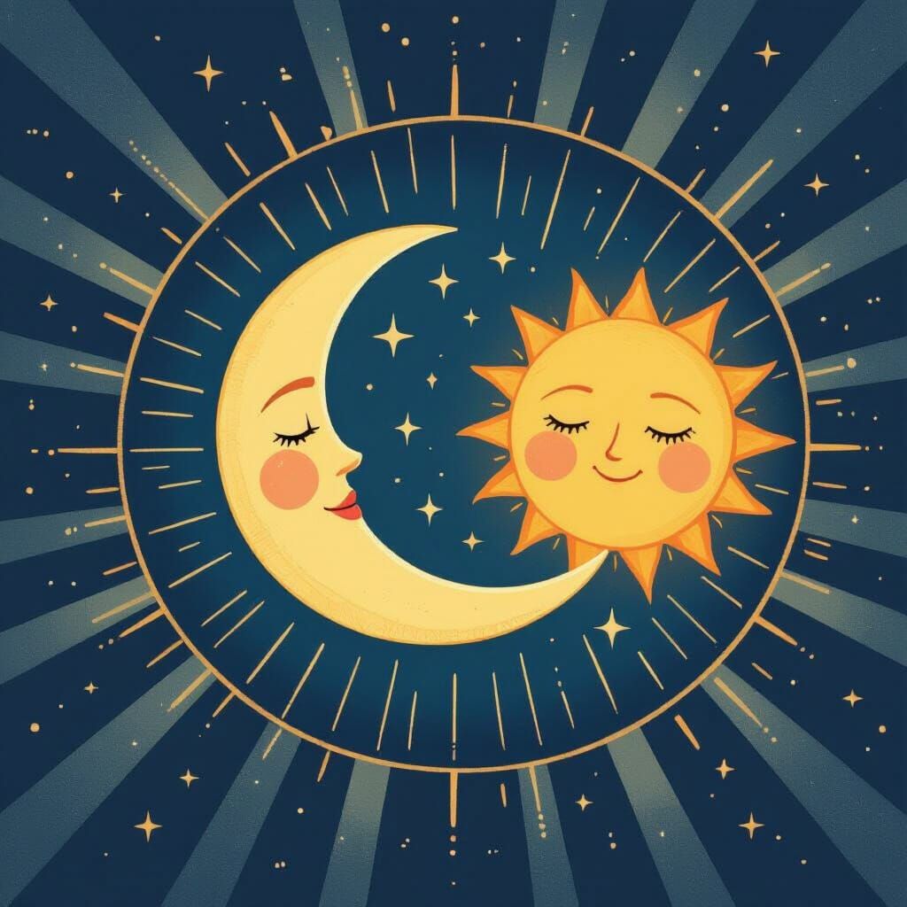Sun and Moon Celestial Illustration in Whimsical Style