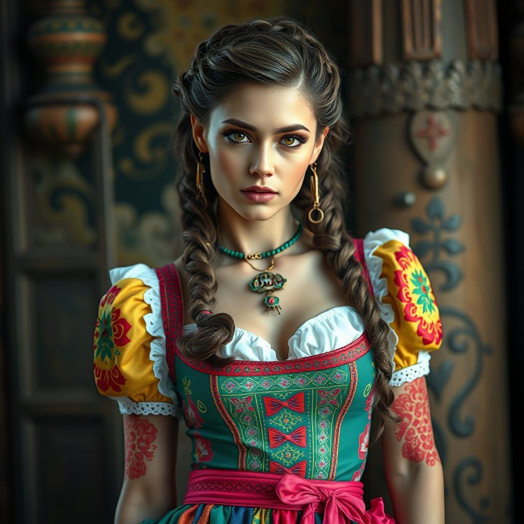 Dirndl-Inspired Latex Dress in Hyperrealistic Style