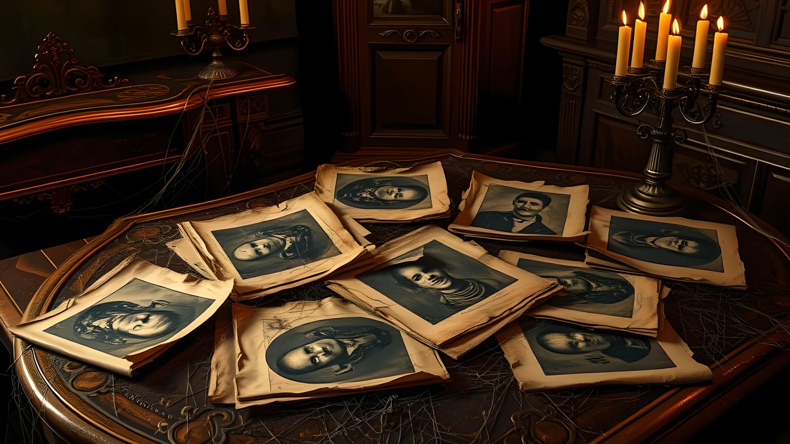 Creepy Photographs on Old Table, Horror Style