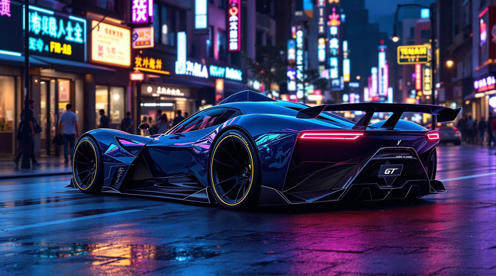 Shark-Inspired Concept Car in Cyberpunk Cityscape
