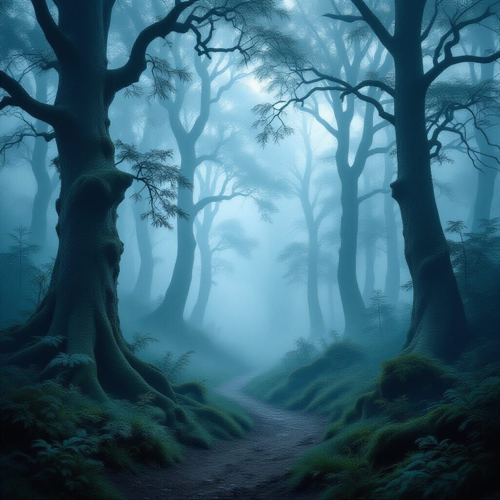 Surreal Forest Landscape in Ethereal Mist
