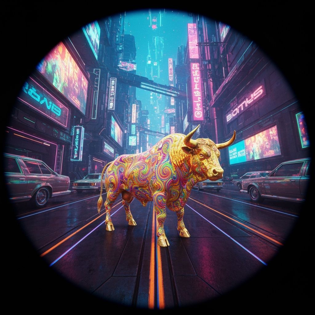 Psychedelic Golden Bull in Neon Cityscape