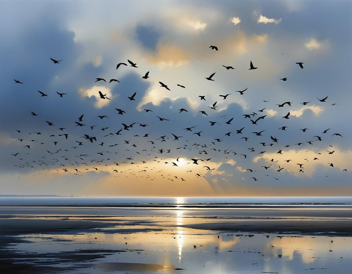 Birds Fly Over Sea at Dusk: Watercolour Painting