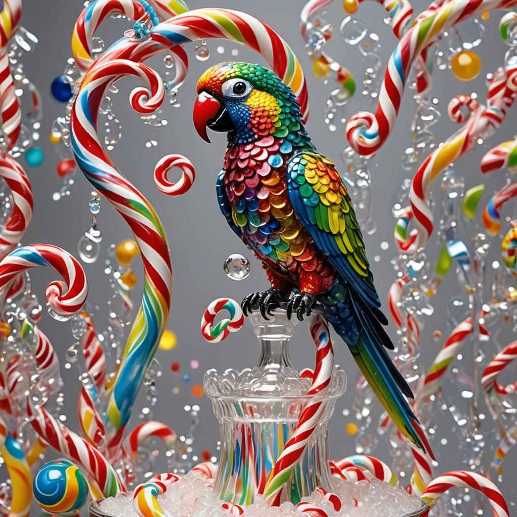 Hyperrealistic Glass Parrot Candy Art Close-Up