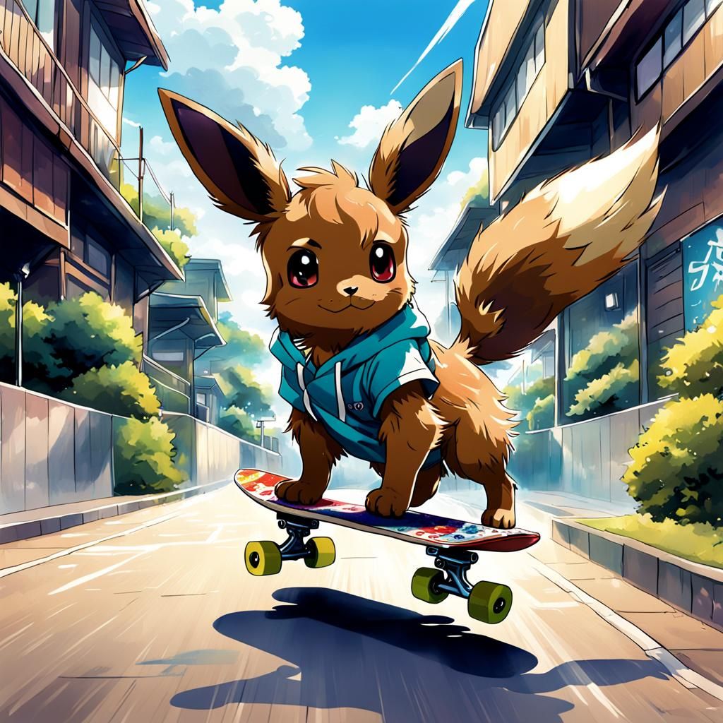 Eevee Skateboarding in Anime Style