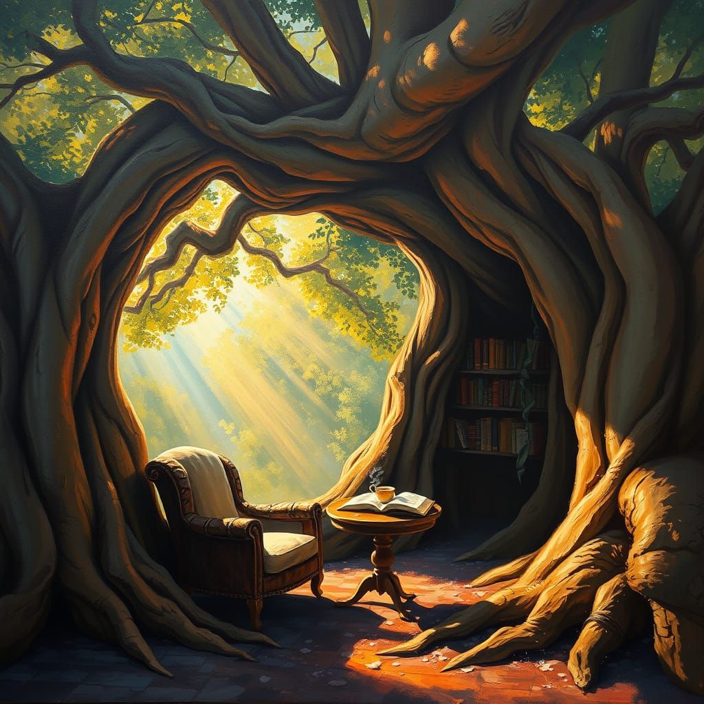 Enchanted Library Alcove in Ancient Tree Roots
