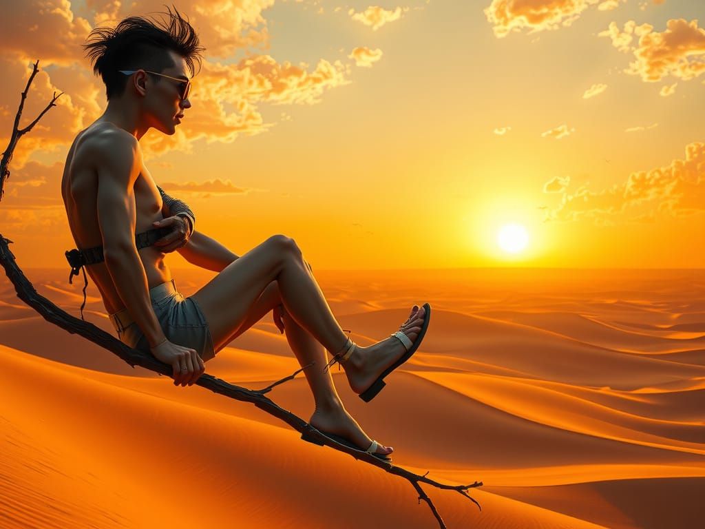 Pale Vampire in Chic Urban Fashion Contemplates Sahara Sunse...