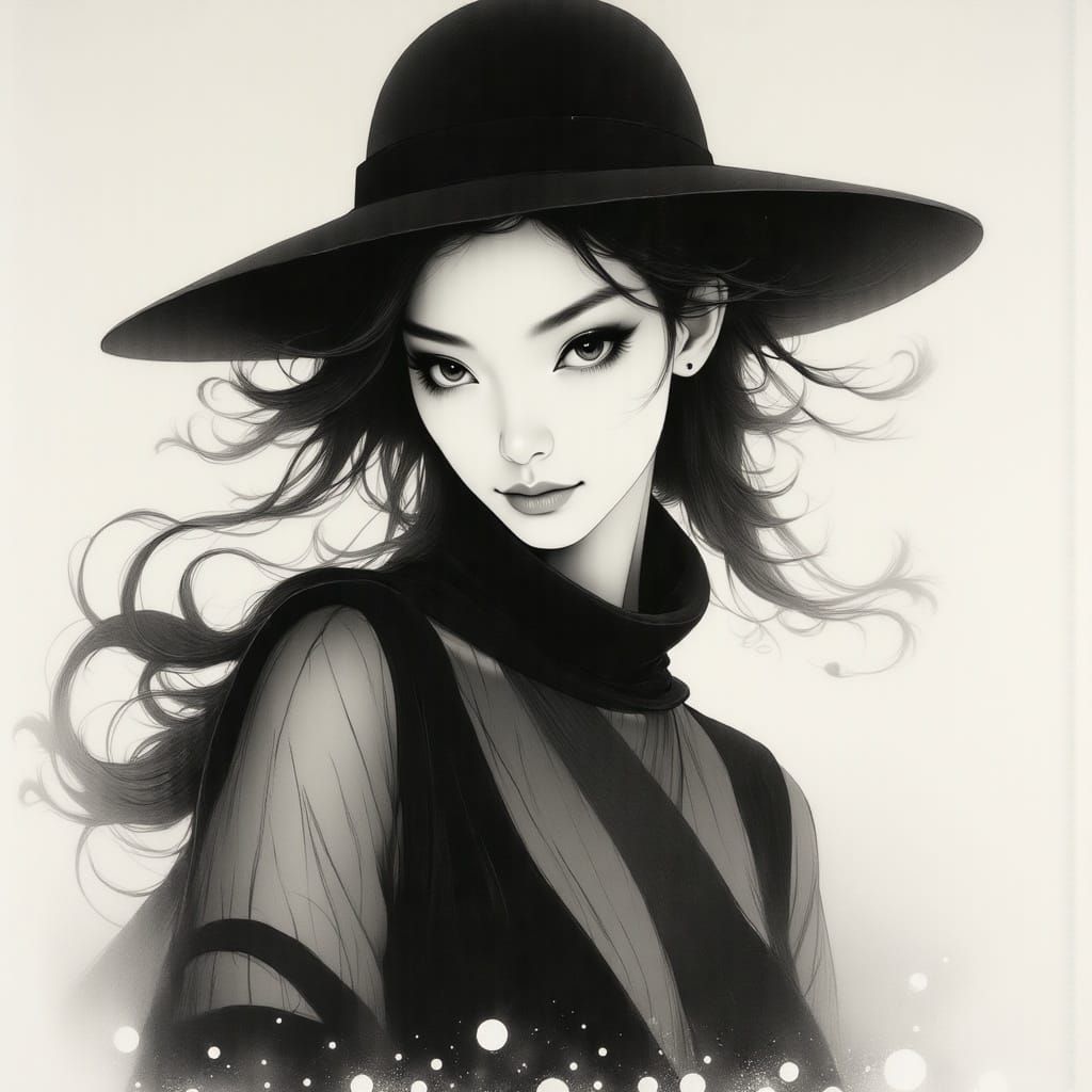Elegant Chinese Fashionista in Charcoal Sketch