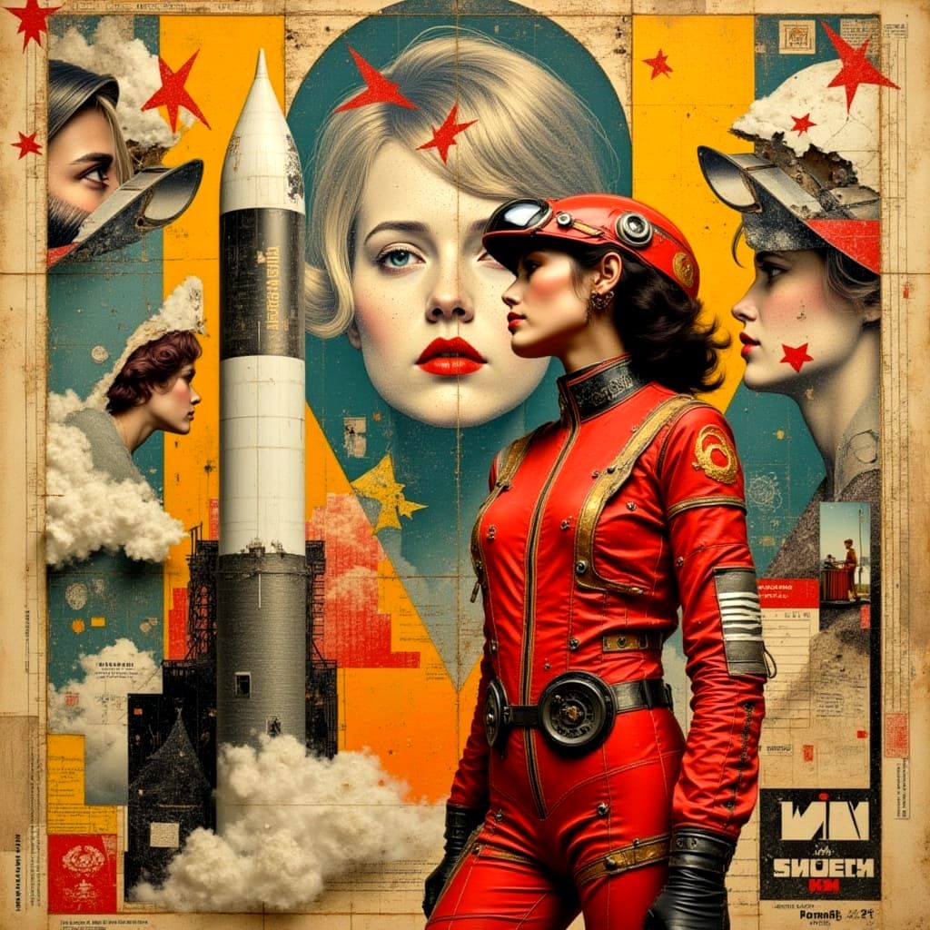 A female cosmonaut in a striking bright spacesuit,