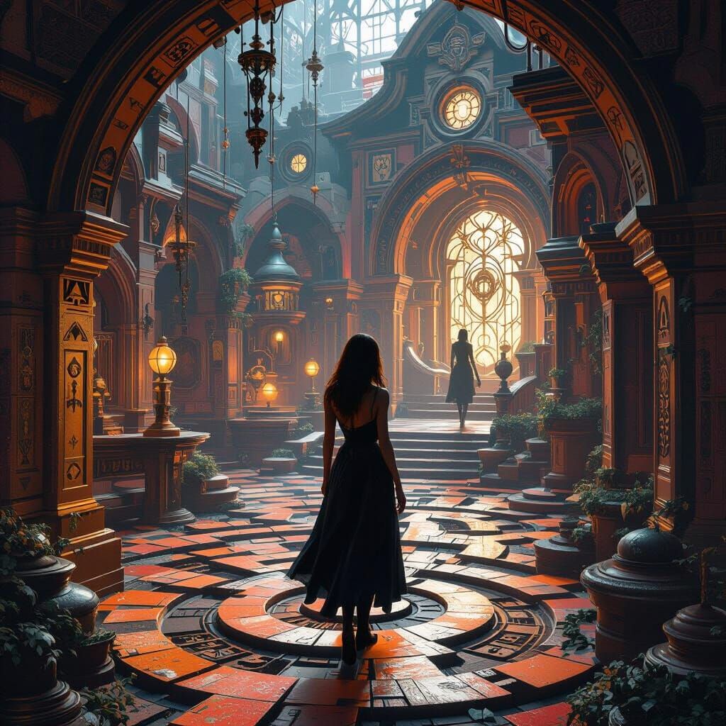 Puzzle House: Woman Navigating a Mysterious World