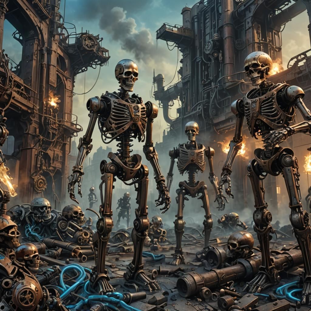 Robotic Warriors Clash with Steampunk Skeletons