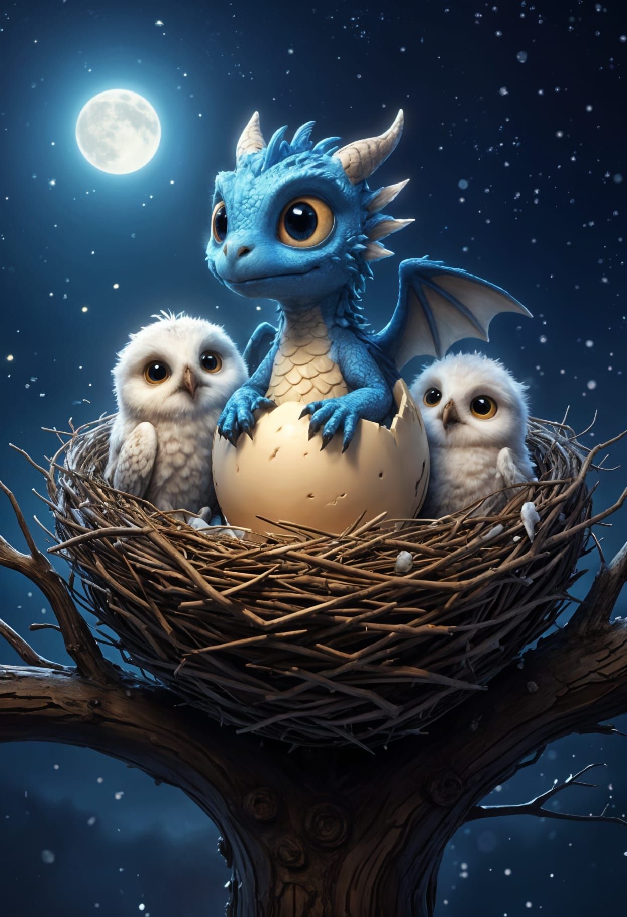 Whimsical Dragon Hatches Among Snowy Owl Chicks on Starry Ni...