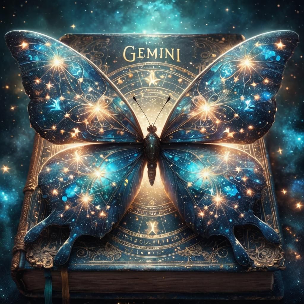 Celestial Butterfly on 'Gemini' Book with Cosmic Patterns