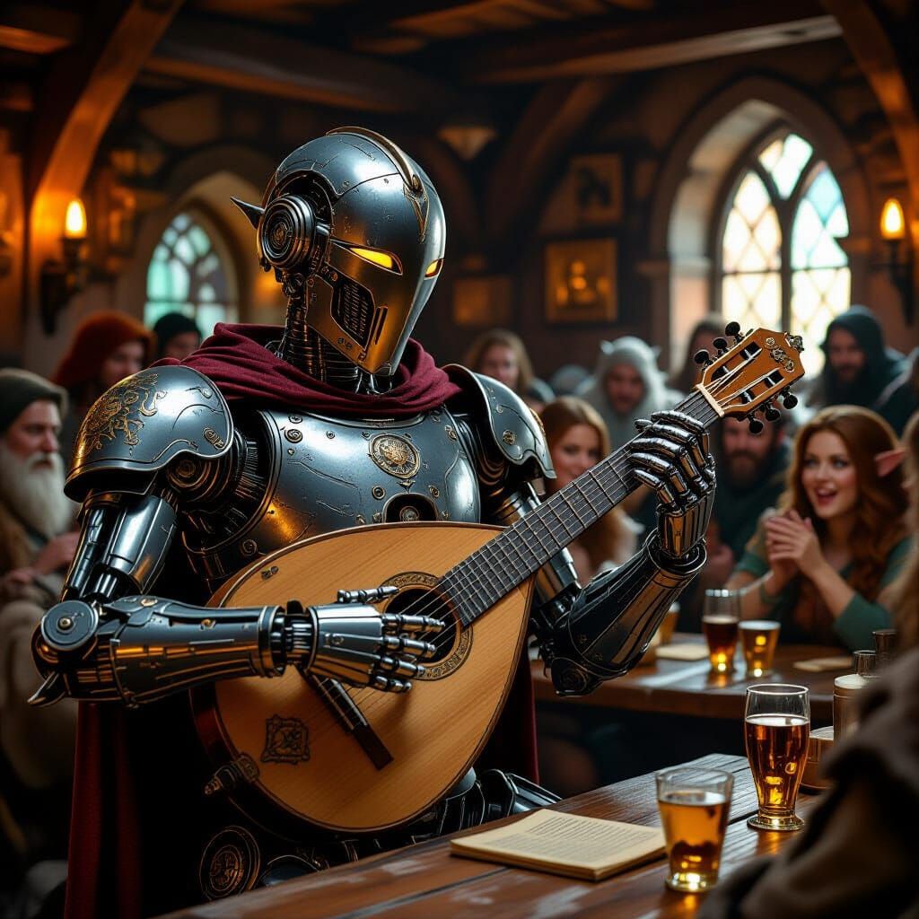 A robot bard playing a lute in a fantasy tavern
