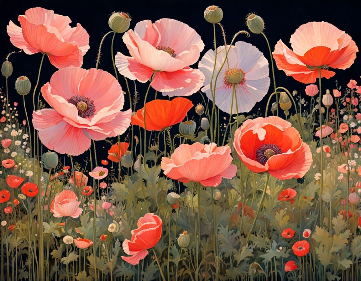Surreal Poppies Bloom in Vibrant Pink Evening Light