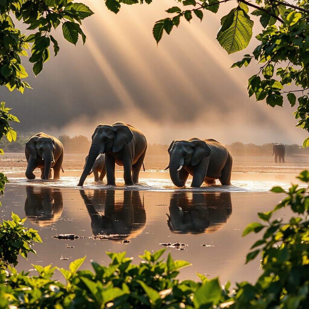 Elephants in Serene Morning Light